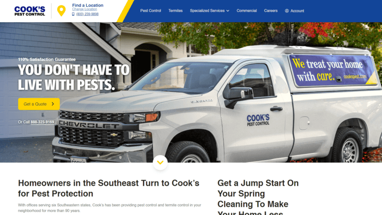 Cook's Pest Control desktop site, which includes an image with a CTA and a full navigation menu at the top
