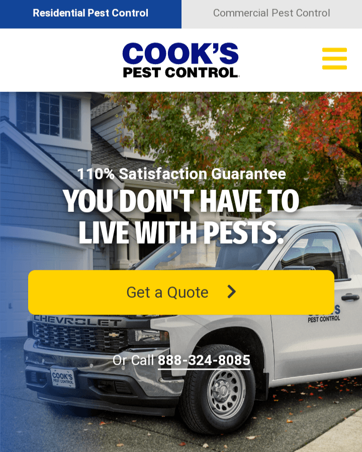 Cook's Pest Control mobile site, which still includes an image with a CTA but has simpler navigation at the top and a hamburger menu in the corner
