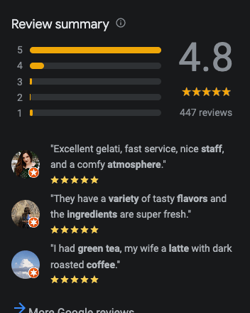 Review summary for a restaurant's Google Business Profile