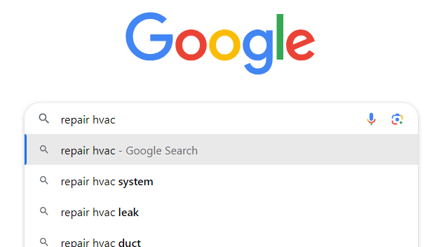 Google suggestions for "repair hvac" include searches like "repair hvac system"
