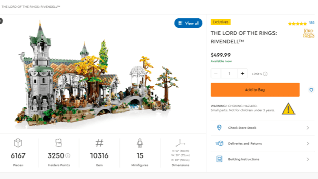 Lego Rivendell product page on desktop displays a product photo and information side by side