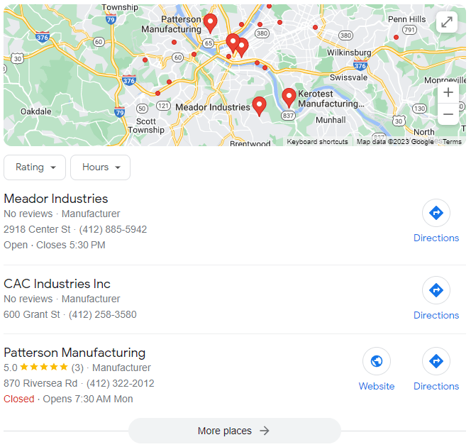 3-pack of local manufacturing business listings below a map